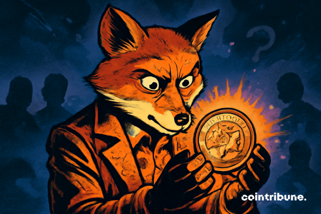 The image shows an anthropomorphic fox, inspired by the Metamask logo, which holds a piece of light crypto.