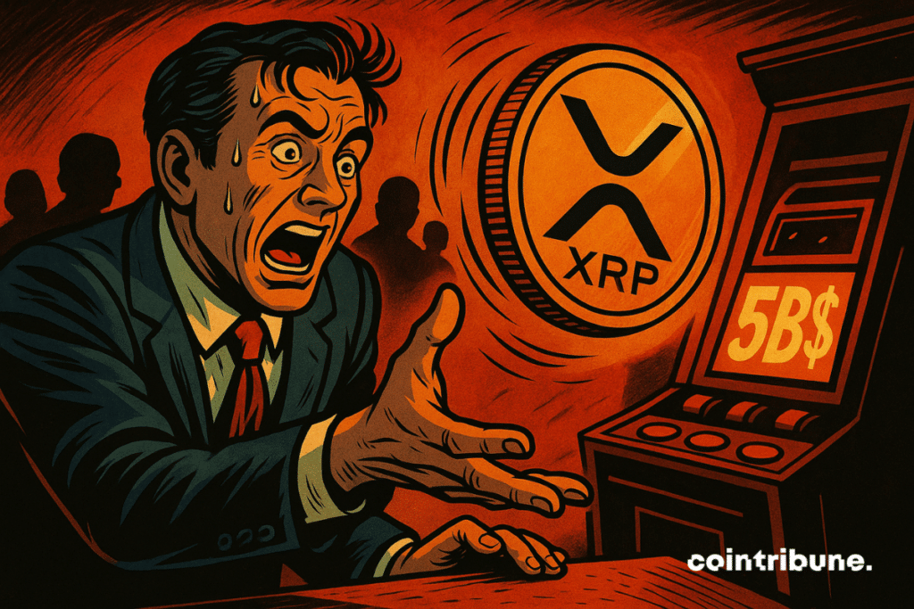 Trader in a casino, launching a piece of XRP on a slot machine displaying $ 5 billion