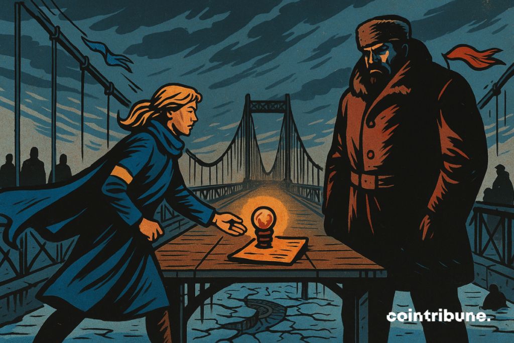 The scene takes place on a suspension bridge, old and metallic, above a frosty river. Dynamic woman with firm lines, kyiv representative, walks with determination. She is dressed in a long blue coat with a yellow armband. She holds in her hands a small, luminous diplomatic artifact. An imposing silhouette, representing Russia, motionless at the edge of the other end of the bridge.