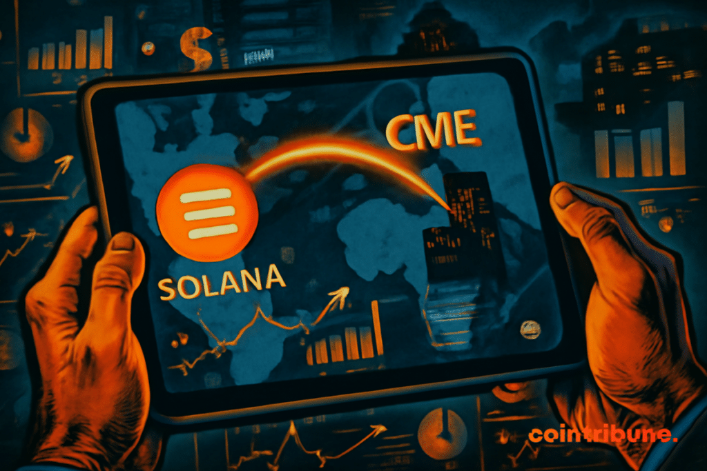 A trader holding a tablet showing the rise of Solana on the CME.