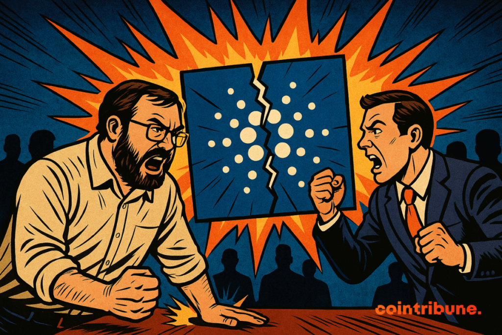 Two men argue with a cracked cardano logo between them.