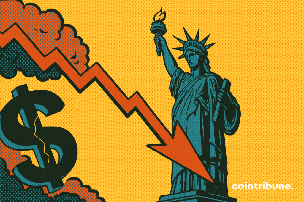 The statue of freedom standing on a cracked base above a financial chasm which symbolizes the important debt of the United States.