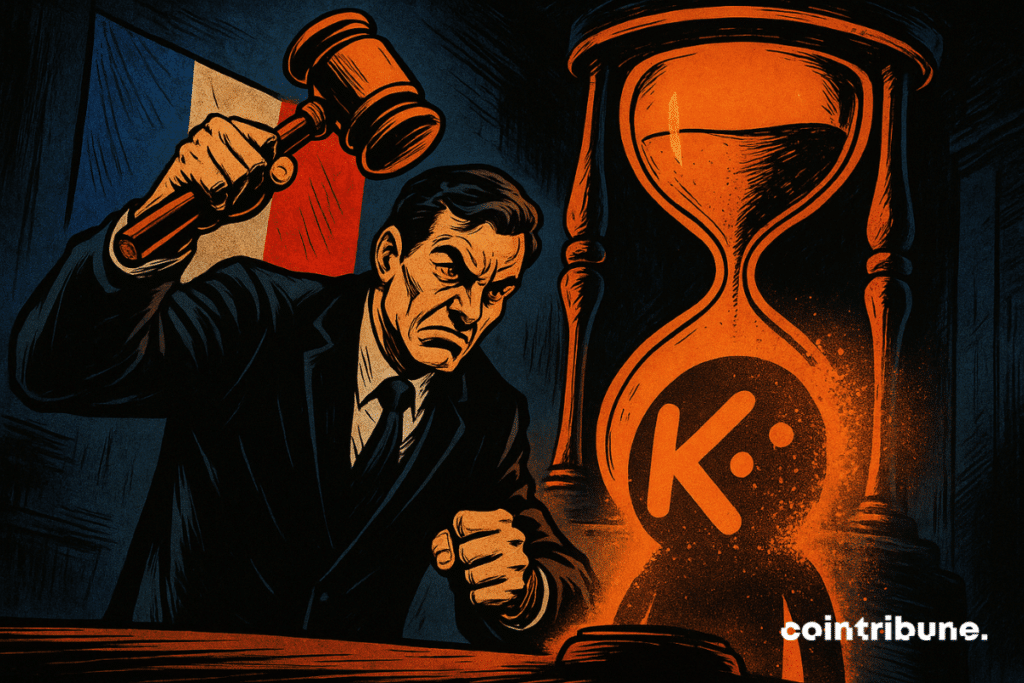 A severe judge brandishing his hammer in front of an orange hourglass, with the Kucoin logo and the French flag.