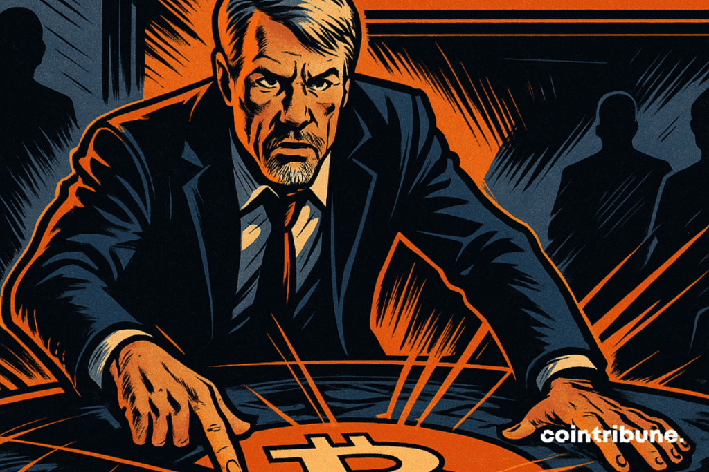 In a dark strategic room, Michael Saylor, determined, points a light bitcoin symbol on a command table, with 