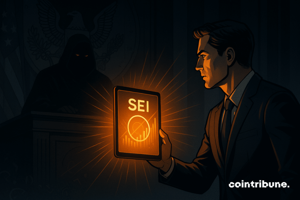 Following man presents a glowing sei tablet to a shadowy dry figure in a dark courtroom setting.