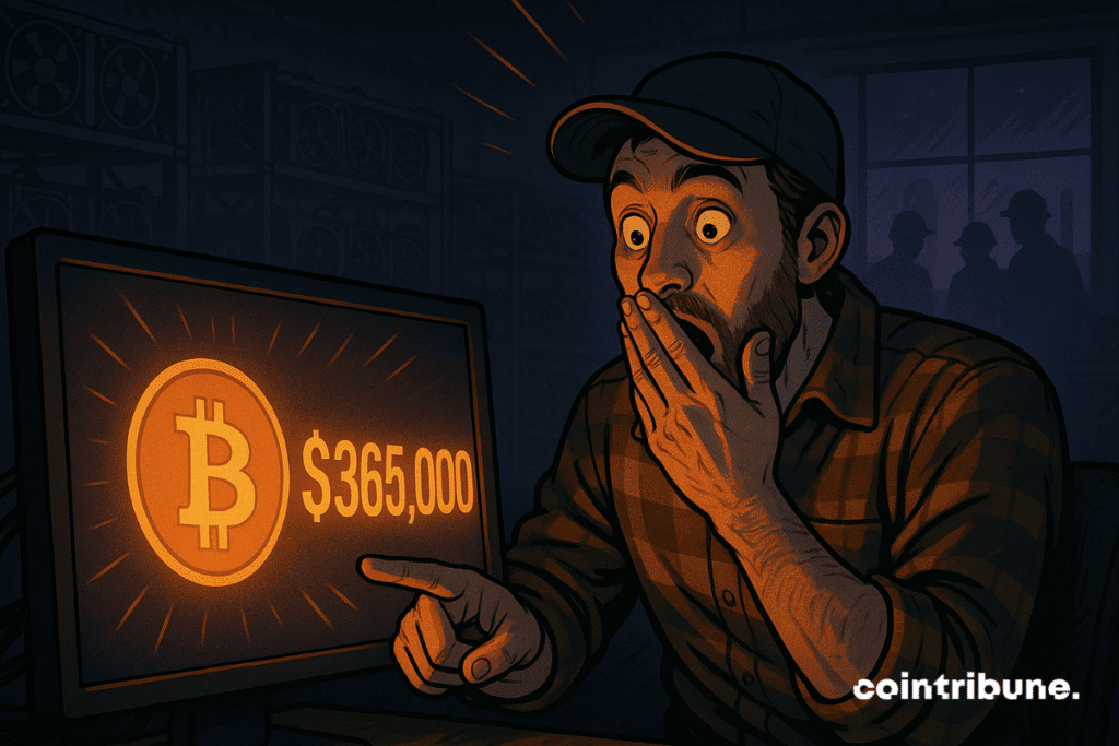 An amazed bitcoin minor reacts to a gain of $ 365,000 on his screen in a weakly lit mining configuration.