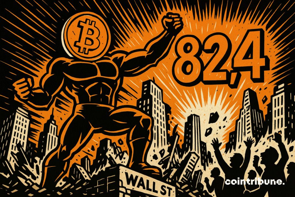 An anthropomorphized bitcoin room like a superhero. He is standing at the top of Wall Street Crack with the number 82.4 in the background.