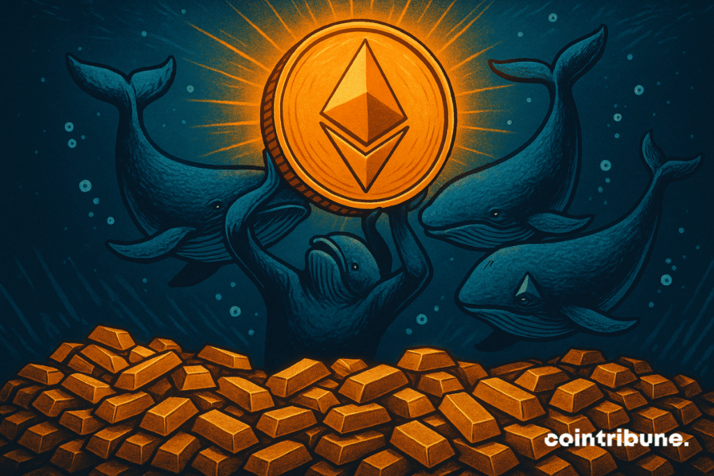 Illustration of three whales and a central figure resembling a whale raising a shiny Ethereum piece above batteries of gold bars, symbolizing the massive institutional accumulation of Eth.