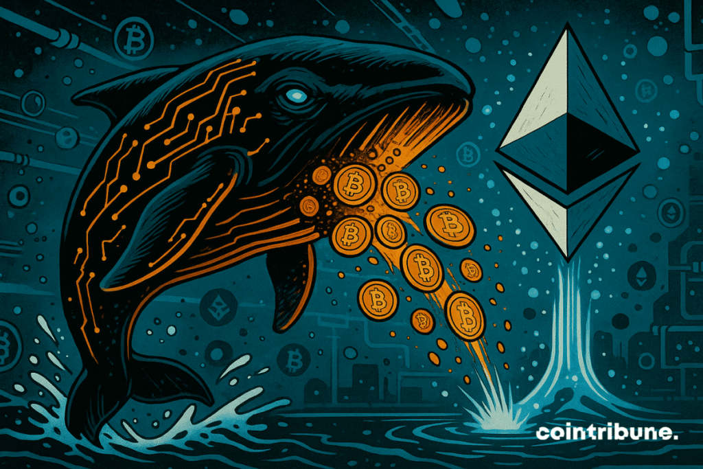 A whale ejects a mass of molten BTC parts. The 2000 stylized bitcoins come out of the mouth of the whale into a drag of orange incandescent pieces, which are sucked towards a crystalline floating structure representing Ethereum.