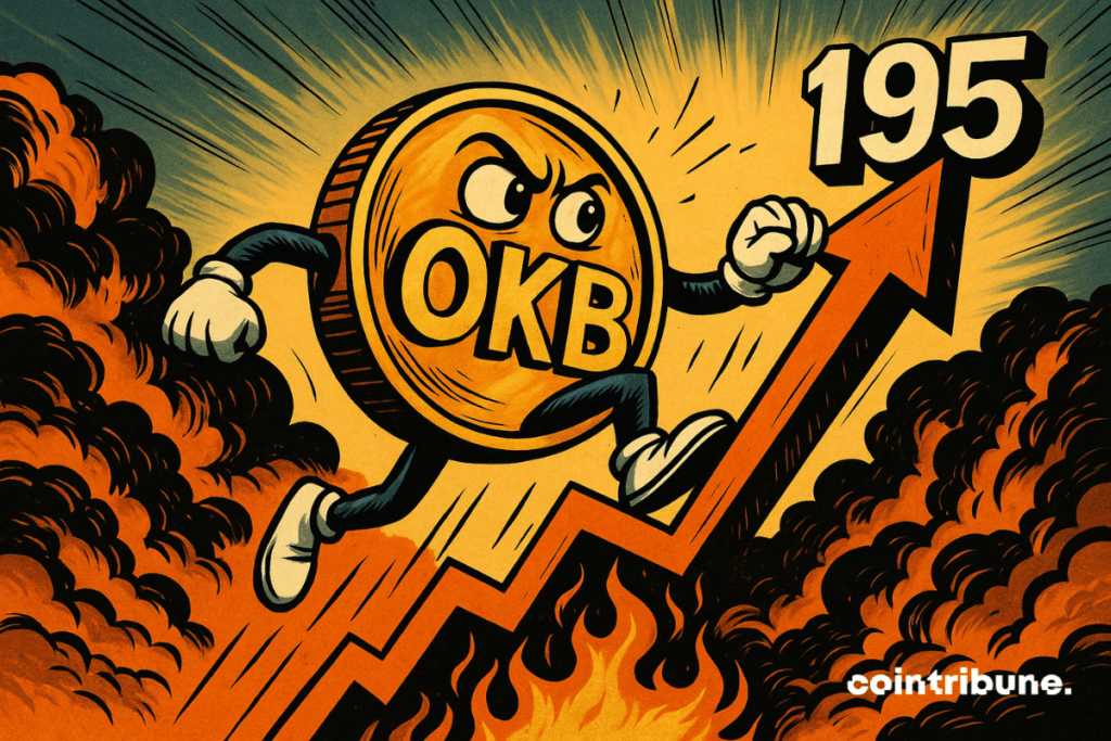 Okb anthropomorphized token climbs a graphic, blue sky and orange clouds, light rays, dynamic lines, dramatic shadows, euphoric expression.