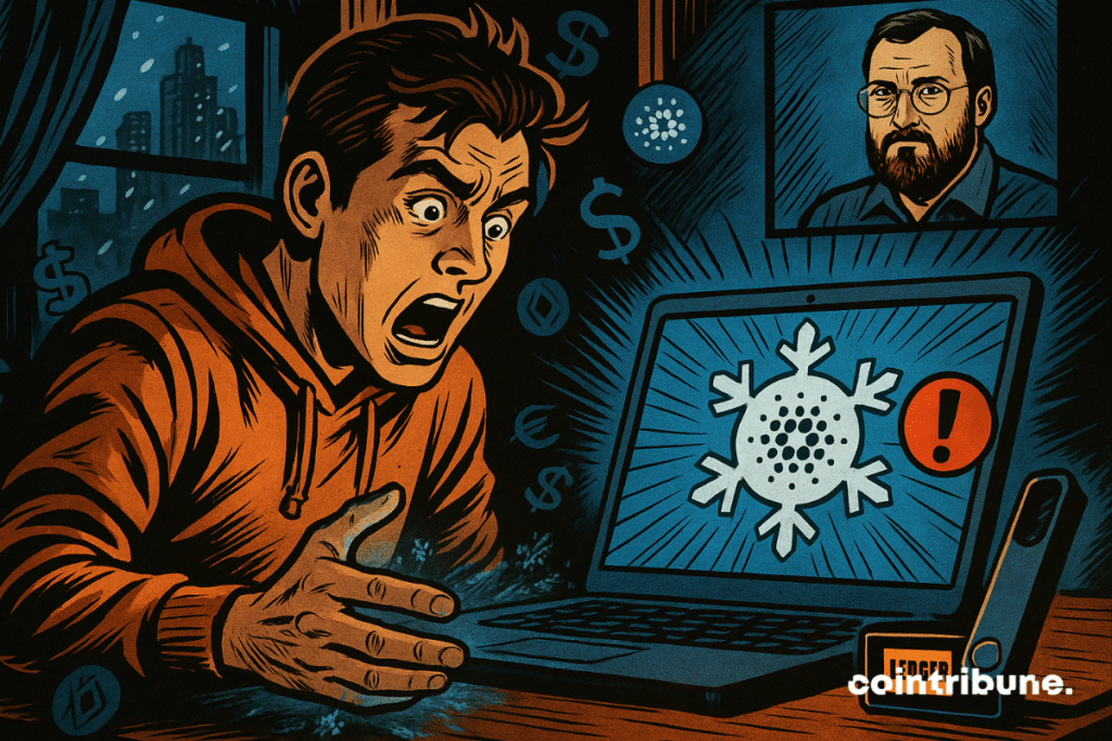 A man shocked by the Cardano frozen screen with connected Ledger.
