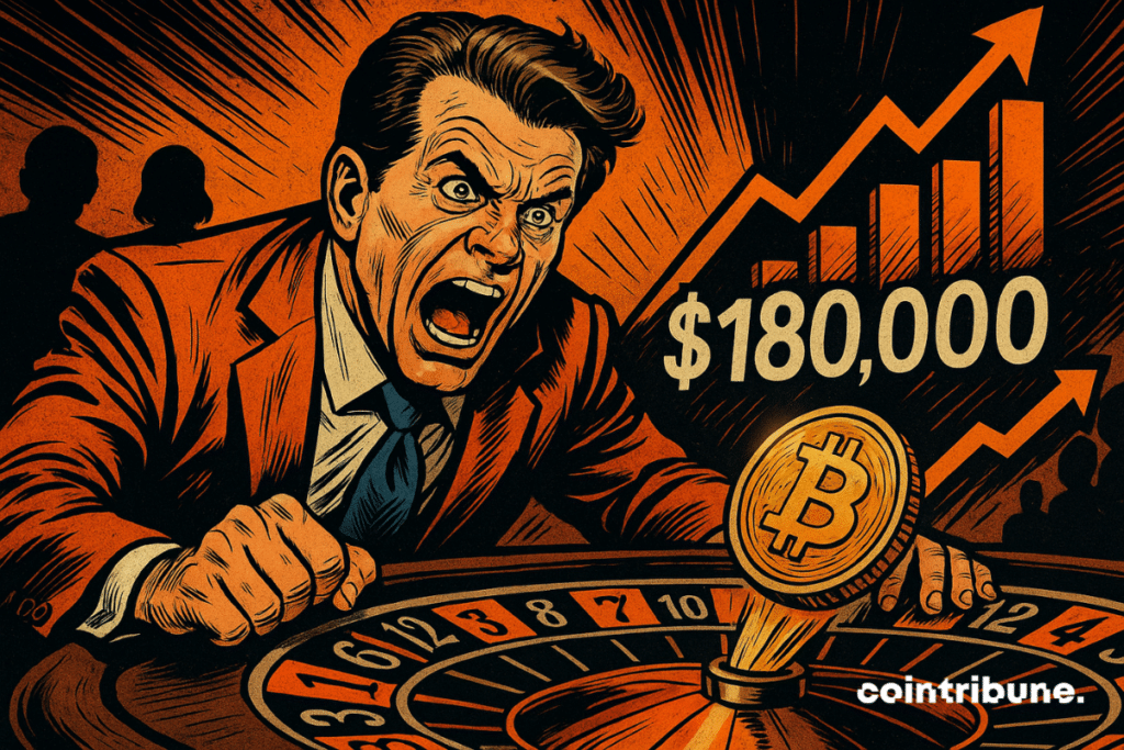 Anthony Scaramucci, concentrated, bet on a Bitcoin roulette, “$ 180,000” figures, blurred players, tension, suspense, movement, audacity, dramatic light.