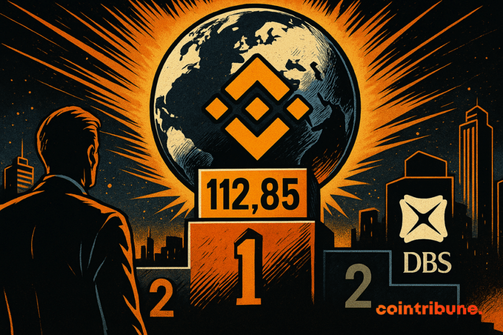 Illustration Style Comics 70s showing BNB in global podium, figure 112.85, light globe, orange atmosphere and financial silhouettes.