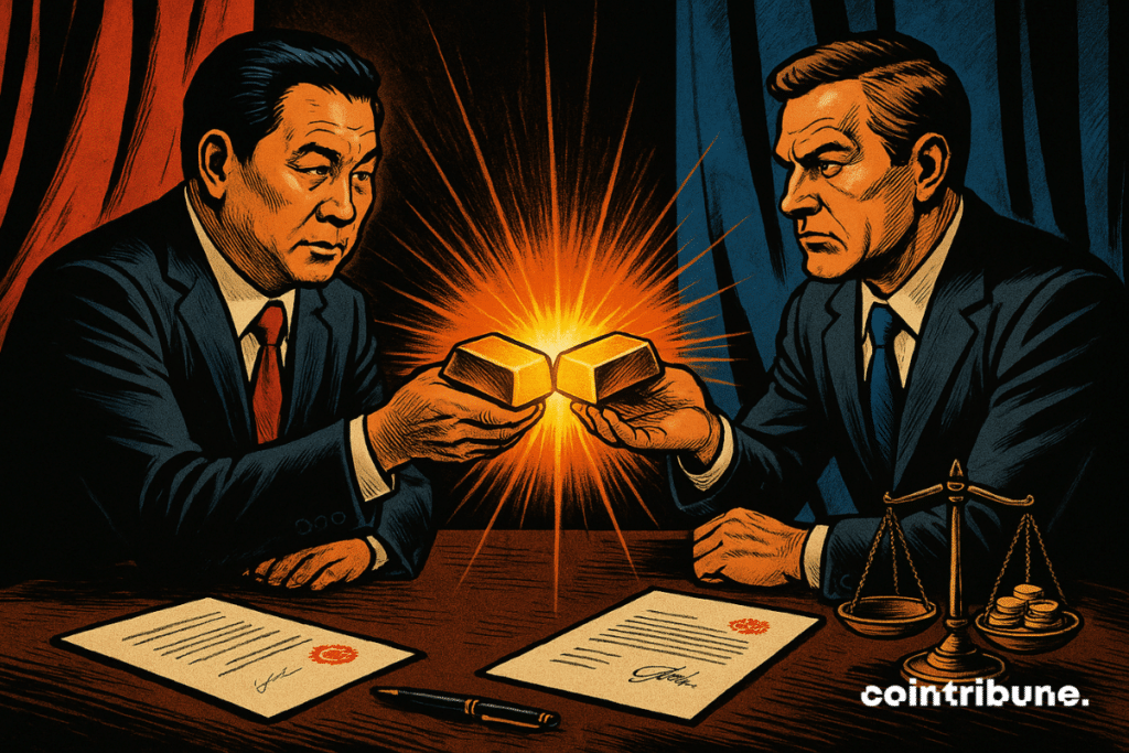 Two representatives (one for China, one for Russia) sitting face to face behind a large presidential dark wooden office. The two each hold out a gold strip towards the center, outstretched arm, open palms. The two ingots touch exactly in the center of the image, producing a bright bright orange halo which illuminates their hands and part of their faces, which symbolizes the explosion of trade between these two members of the BRICS.