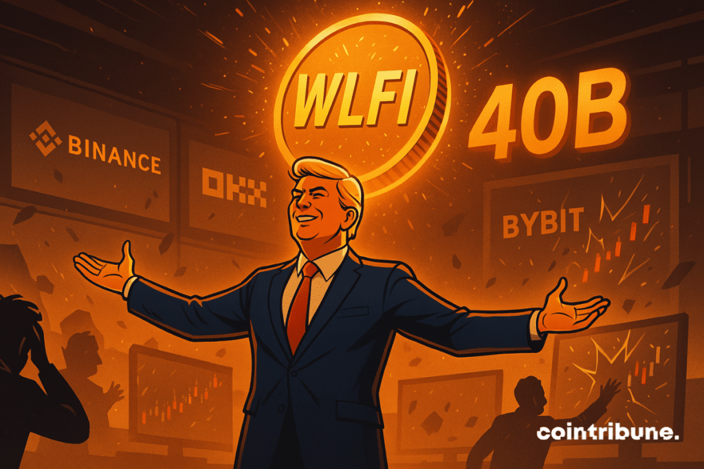 A triumphant man dominates a booming stock scene, surrounded by WLFI token, crypto graphics and platforms.