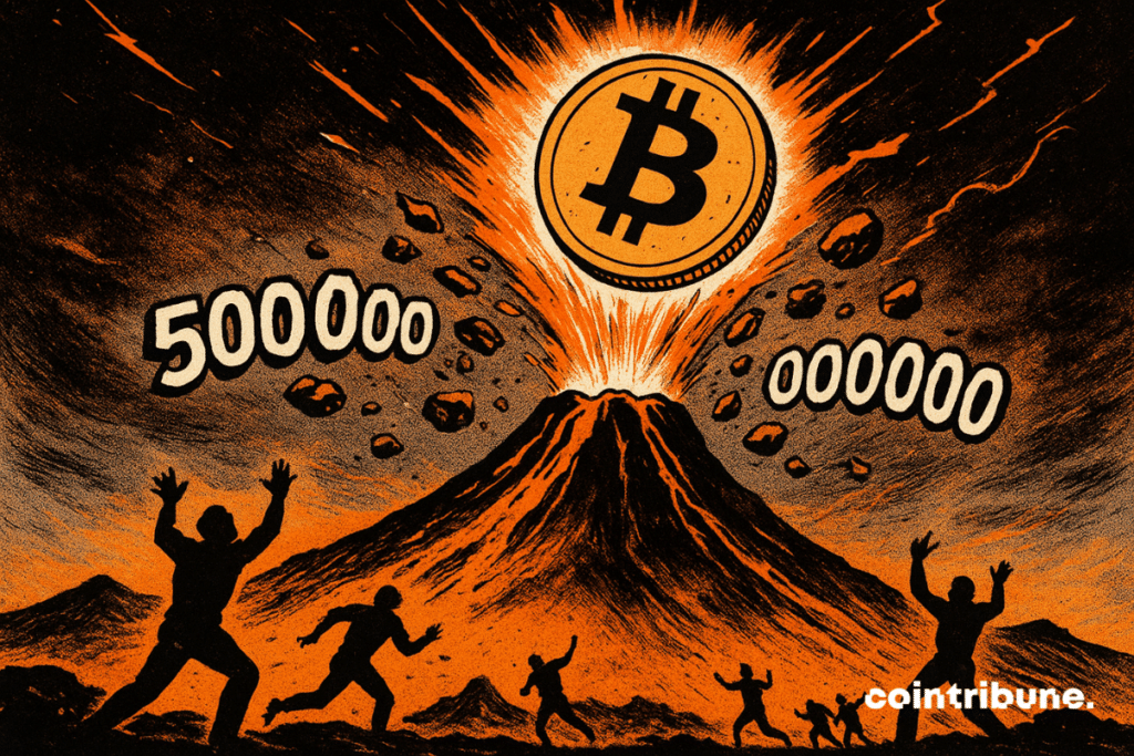 A dramatic volcanic eruption projects an enormous incandescent bitcoin towards the sky, accompanied by spectacular figures floating among the molten rocks, while human silhouettes react in stupor and panic. 70's comics style, black, white and orange palette.