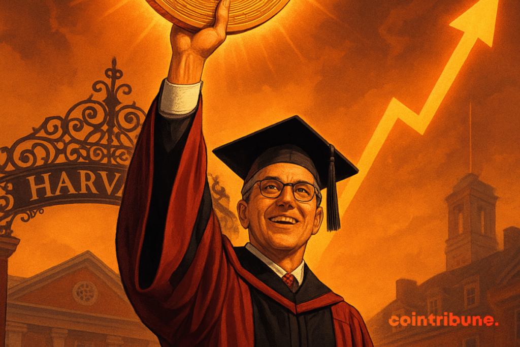 A Harvard teacher brandished a giant bitcoin in front of the historic campus, symbolizing a record investment and global financial transformation.