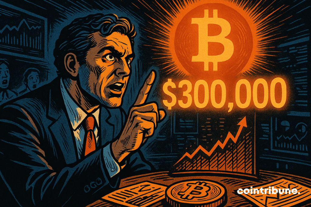 An analyst points to the shiny bitcoin and the $ 300,000 while the observers react.