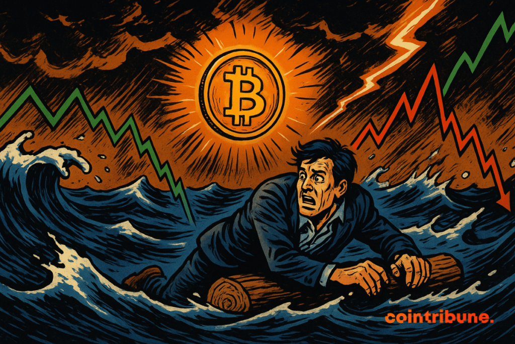Planche investor, waves-graphic, luminous bitcoin above, dark storm, orange and white lightning, tension, chaos, dynamic lines of movement.