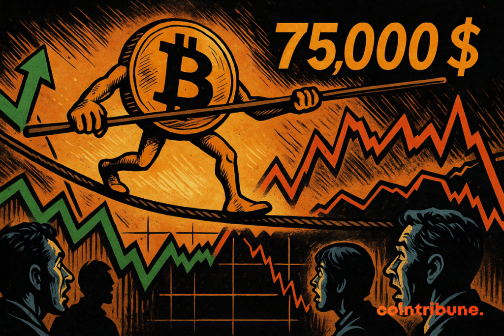 Illustration of a bitcoin walking on a tightrope above financial graphics, illustrating volatility and market tensions.