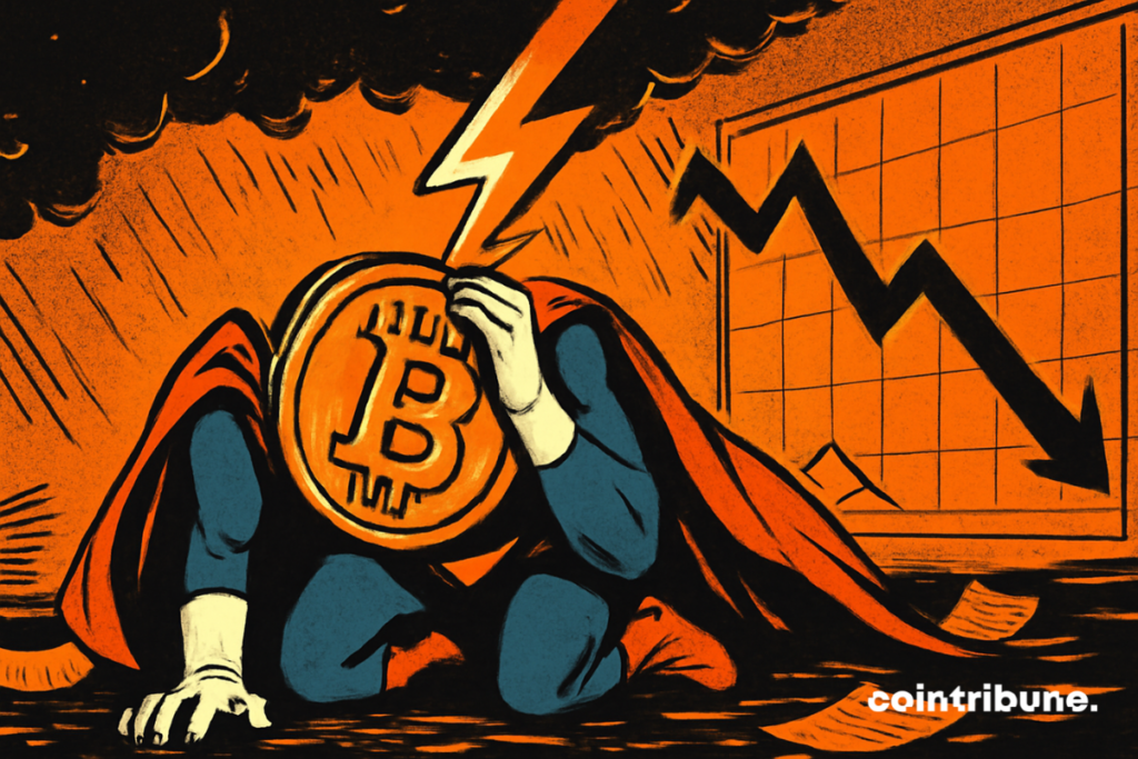 A bitcoin character in costume falls under a dramatic flash