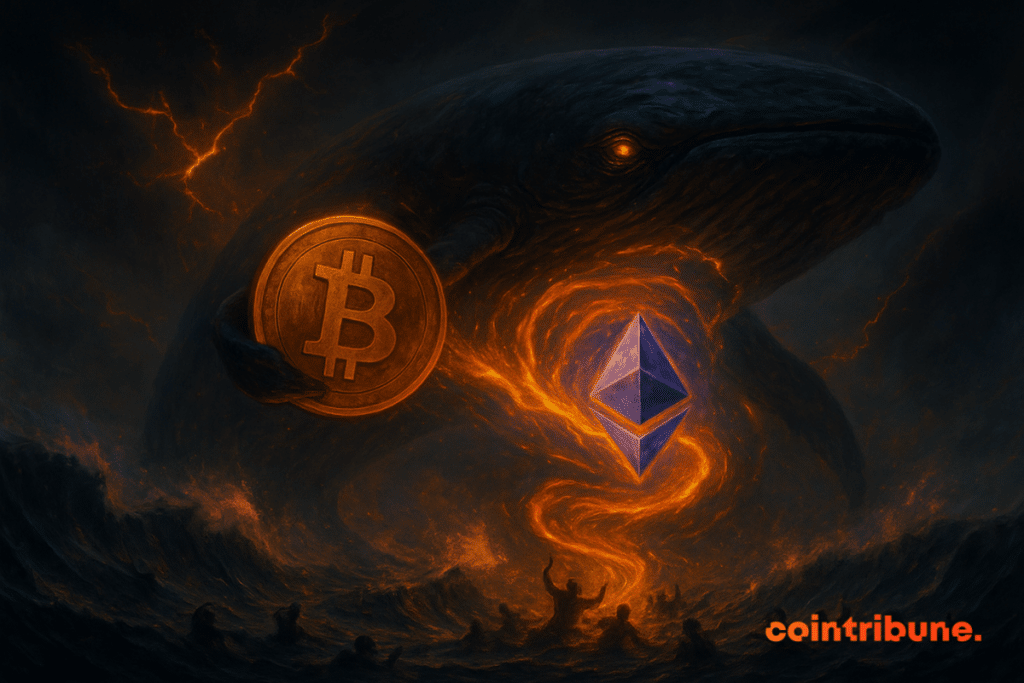 A giant whale with shiny orange eyes emerges from stormy waves, holding a bitcoin while Ethereum floats in a vortex of fire, while tiny traders fight underneath.