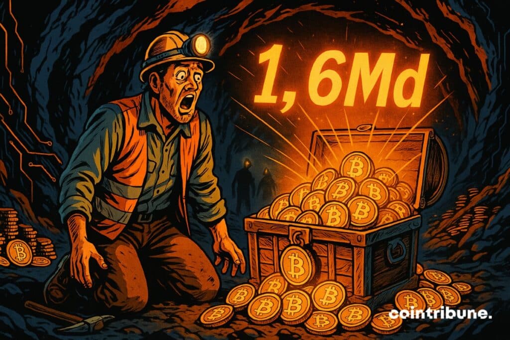 A minor in front of a bitcoin treasure with 1.66 dollars billion written on it.