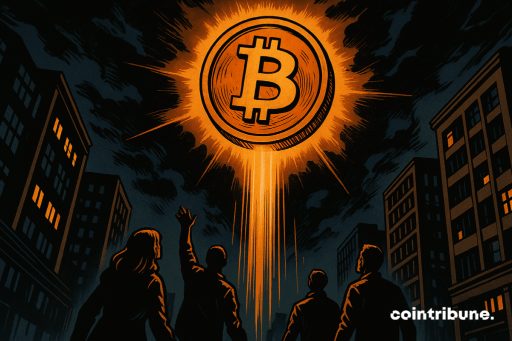 A huge piece of Bitcoin rises in a night sky above the city, with an orange luminous halo, while silhouettes look at it from the street.