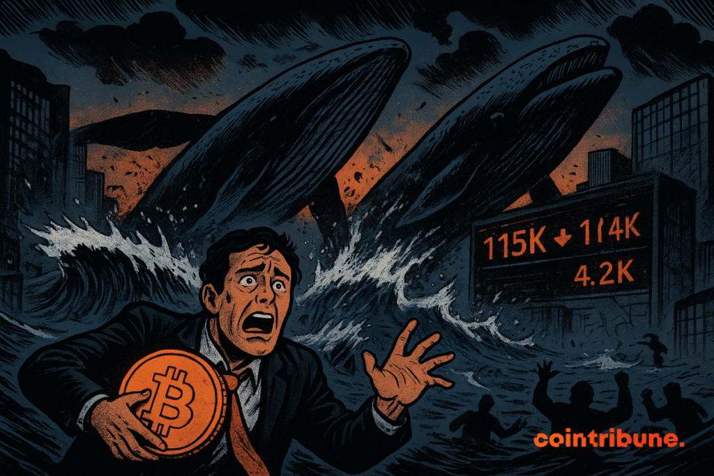 A panicked trader tightens a brilliant bitcoin while massive whales rise from tumultuous waters, flooding a city collapsing with stock market figures indicating Bitcoin at 114,000 and Ethereum at 4.2,000.
