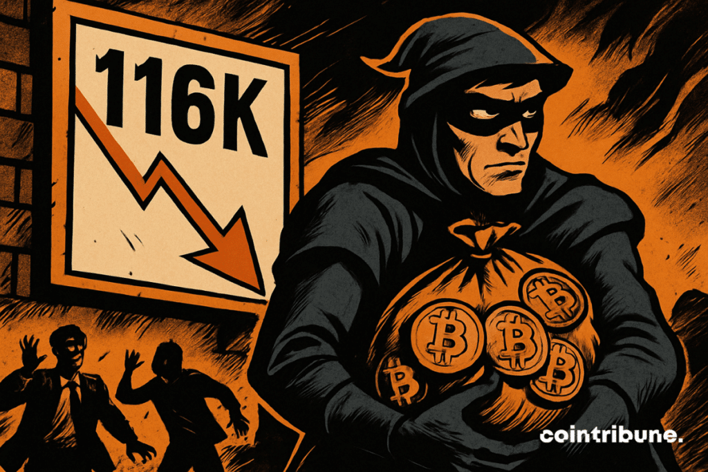 A masked silhouette accumulates bitcoins while the price drops to 116,000; The chaos behind it all, a daring orange-black comic style.