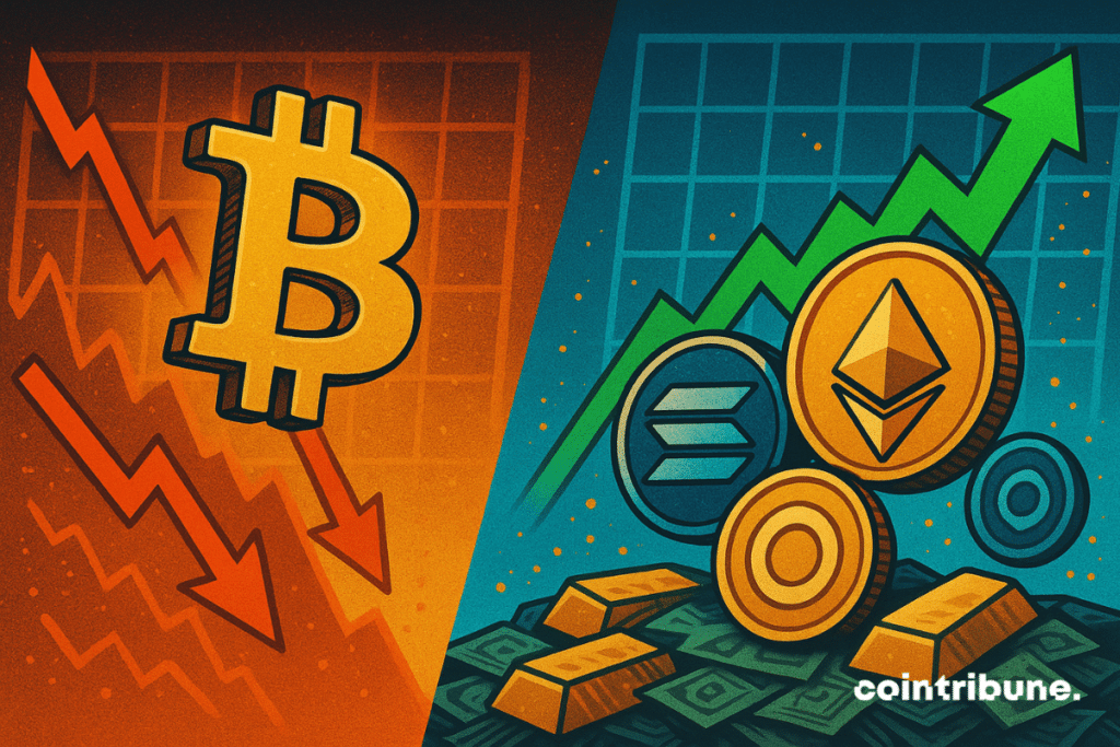 The price of Bitcoin falls while Ethereum, Solana and other cryptocurrencies soar on the background of financial graphics.