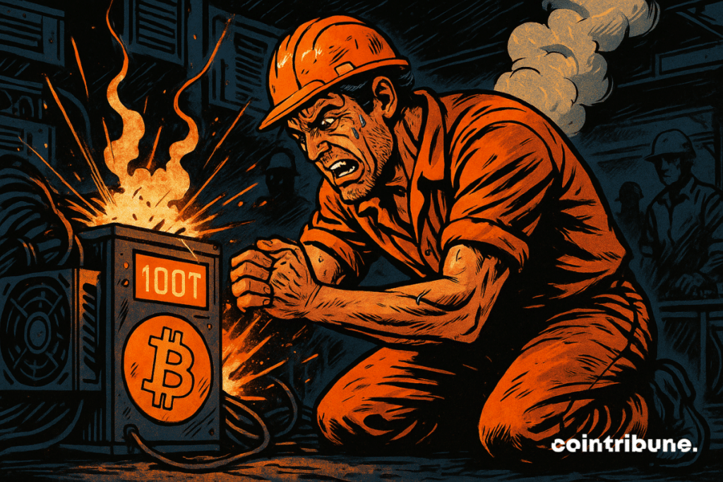 An exhausted minor fights against a bitcoin machine overheating, symbolizing the extreme difficulty of mining in 2025.