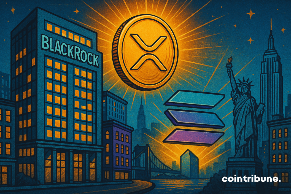 Illustration of the head office of BlackRock with great XRP logos and luminous Solana in the horizon of New York, symbolizing the potential launches of ETF Spot.