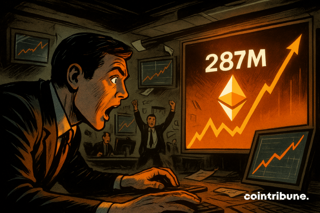 A trader in shock while Ethereum rebounds $ 287 million on light screens, the traders behind applaud in a comic style.