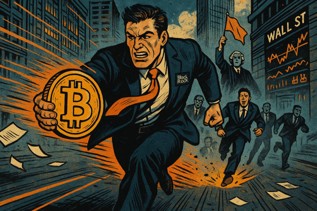 Cartoon style image of a current blackrock leader with an Etf Bitcoin piece with Wall Street.