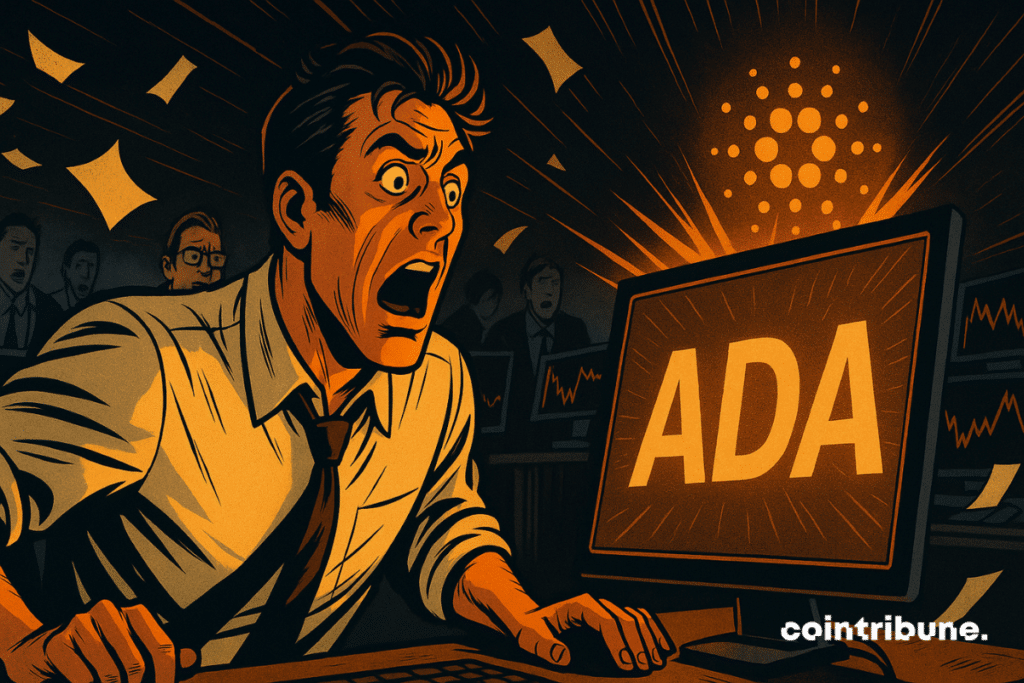 Trader amazed in front of an explosion of cardano on screen, illustrating the frenzy of the crypto market with visual intensity.
