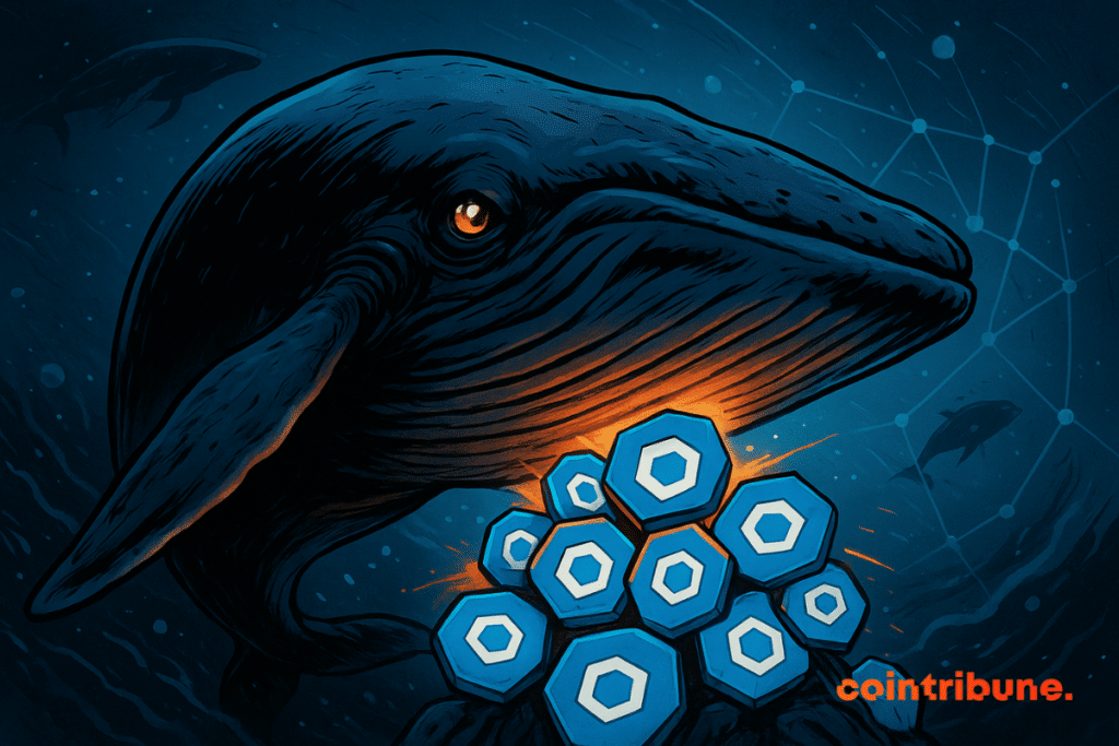 A GIANT WHALE WITH A GLOWING ORANGE EYE GATHERS BRIGHT BLUE Hexagonal ChainLink Tokens Underwater, Surrounded by A Dark Network-Like Background.