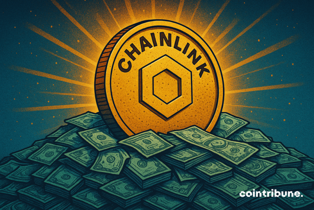Illustration of a large golden chain currency radiant coin, resting on a huge stack of dollar tickets on a dark star background.
