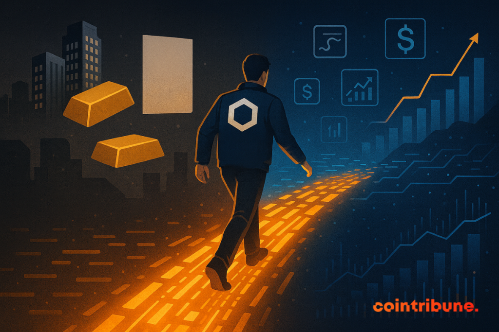 Illustration of a man walking on a digital road to financial graphics, representing Chainlink as the leader in the tokenization of real assets.