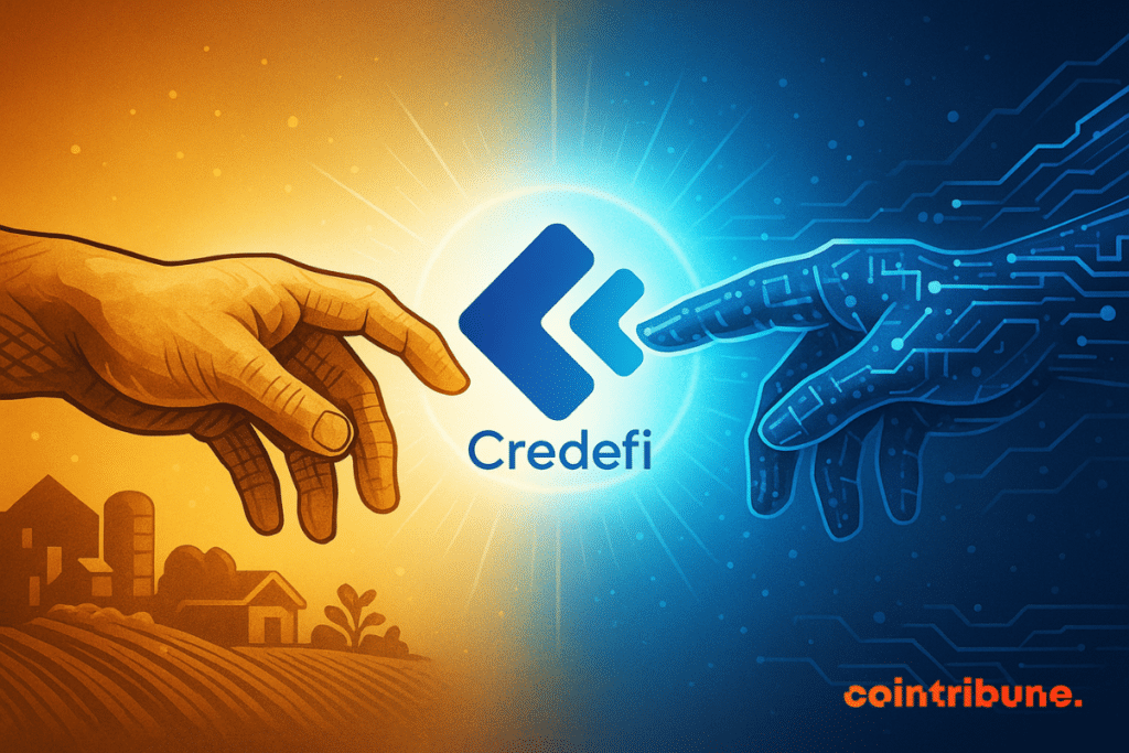Illustration representing a human hand and a digital hand meeting around the Credefi logo, symbolizing the connection between traditional finance and deffi thanks to RWA.