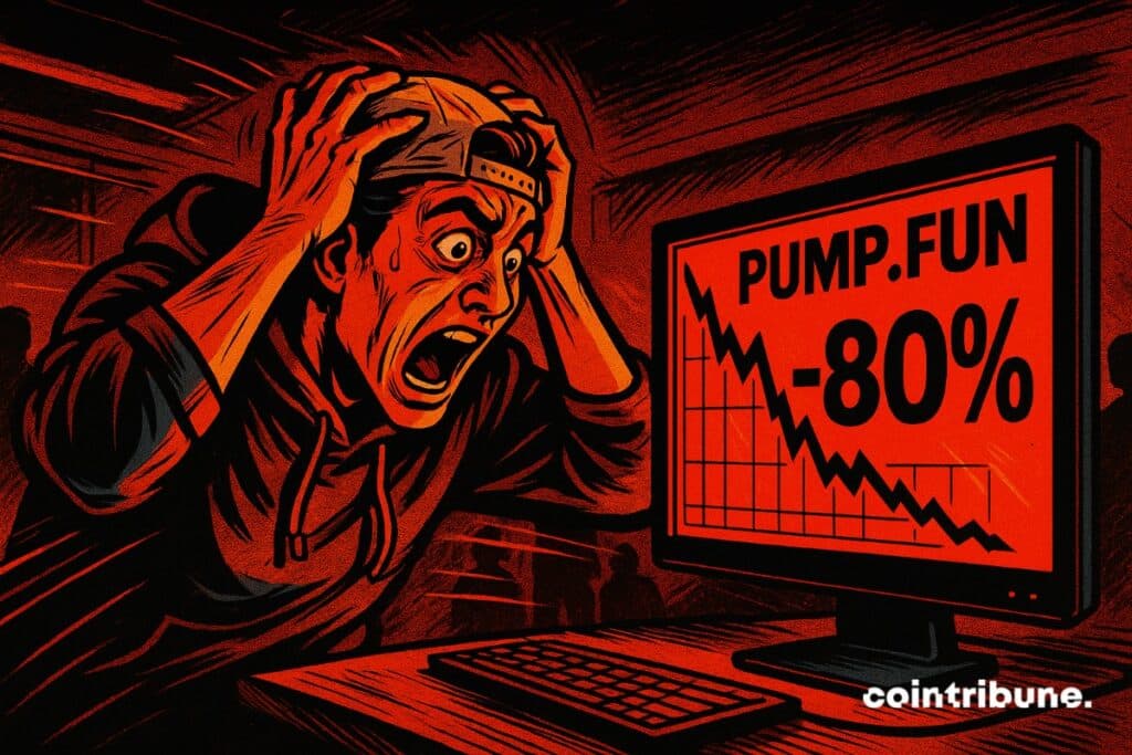A crazy crypto trader in front of a screen displaying -80% on pump.fun