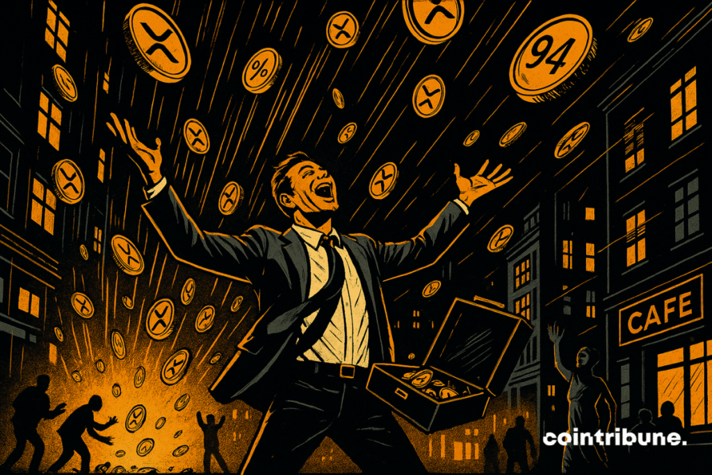 A crypto investor in a slightly defeated tie costume, in the center of the stage. He holds a large open box with one hand and lifts his arms to the sky, mouth open in an expression of ecstasy. A rain of pieces or XRP tokens literally fall from the sky, some entering the case attaché, others bouncing on the ground.