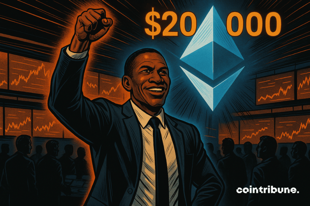 Arthur Hayes is standing in a futuristic, charismatic and confident market room. He wears a modern dark suit, slightly open to accentuate his insurance. Behind him, a gigantic luminous hologram representing the logo of the Ethereum crypto in brilliant silver blue. Just above the logo, the figures 