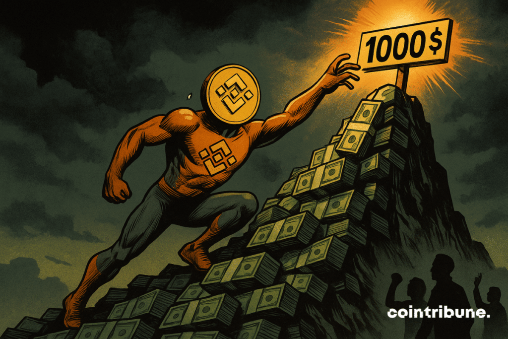 The BNB crypto is personified in the form of a golden humanoid character, with a stylized bnb logo on the chest, dressed in a high-tech climber outfit mixing orange and black. It climbs with bare hands, suspended from a stripping rock, his face stretched by the effort, a drop of sweat on the temple. His gaze is focused on a panel marked 