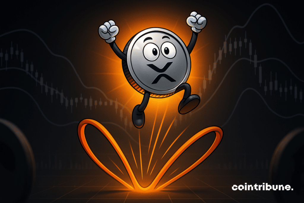 A shiny, silver metallic sphere bears the black XRP crypto logo in the center. Expressive eyes, raised arms, legs folded in a trampoline jumping posture.