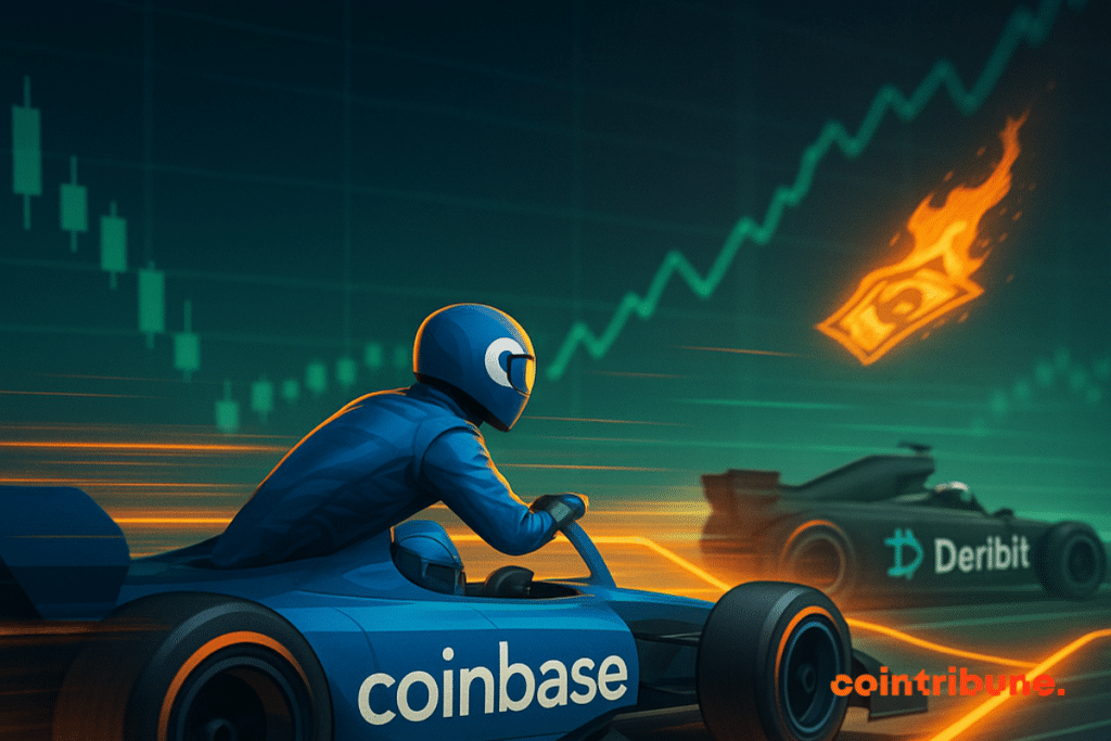 Futuristic crypto race between Coinbase and Deribit, symbolizing the domination of the derivative market in the digital universe.