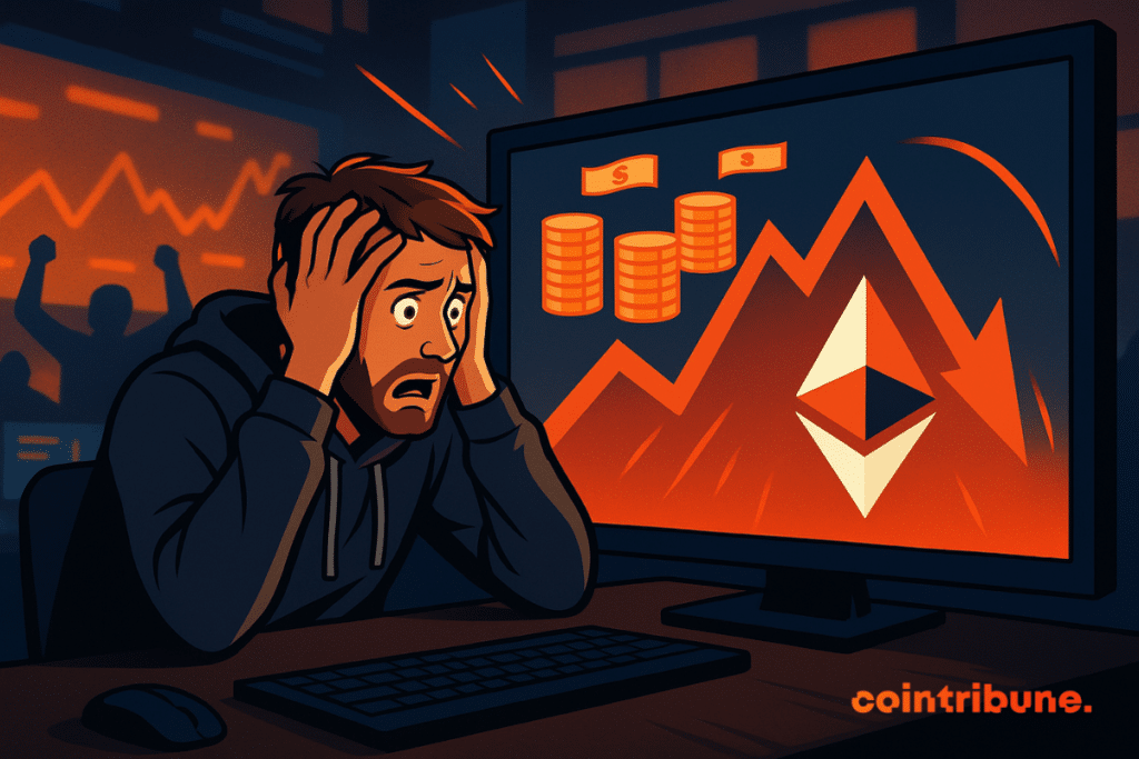 A shocked trader observes Ethereum falls despite massive influx, symbol of the current paradox of the crypto market.