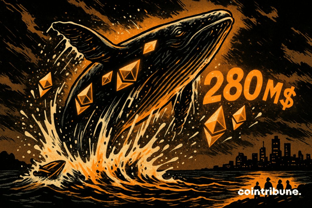 A colossal whale spurry out of the water, its body traveled with light reflections in the shape of Ethereum logos. In water splashes, stylized crystals from Ethereum and a gigantic 