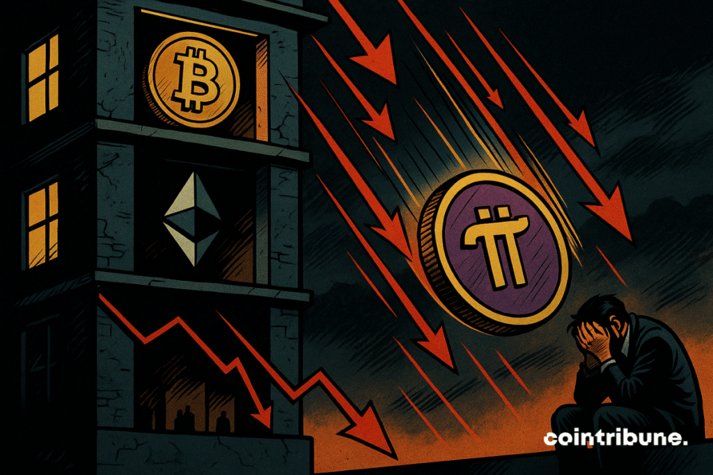 The Network PI logo is falling from a higher floor. A panicked cryptocurrency investor observes the scene.