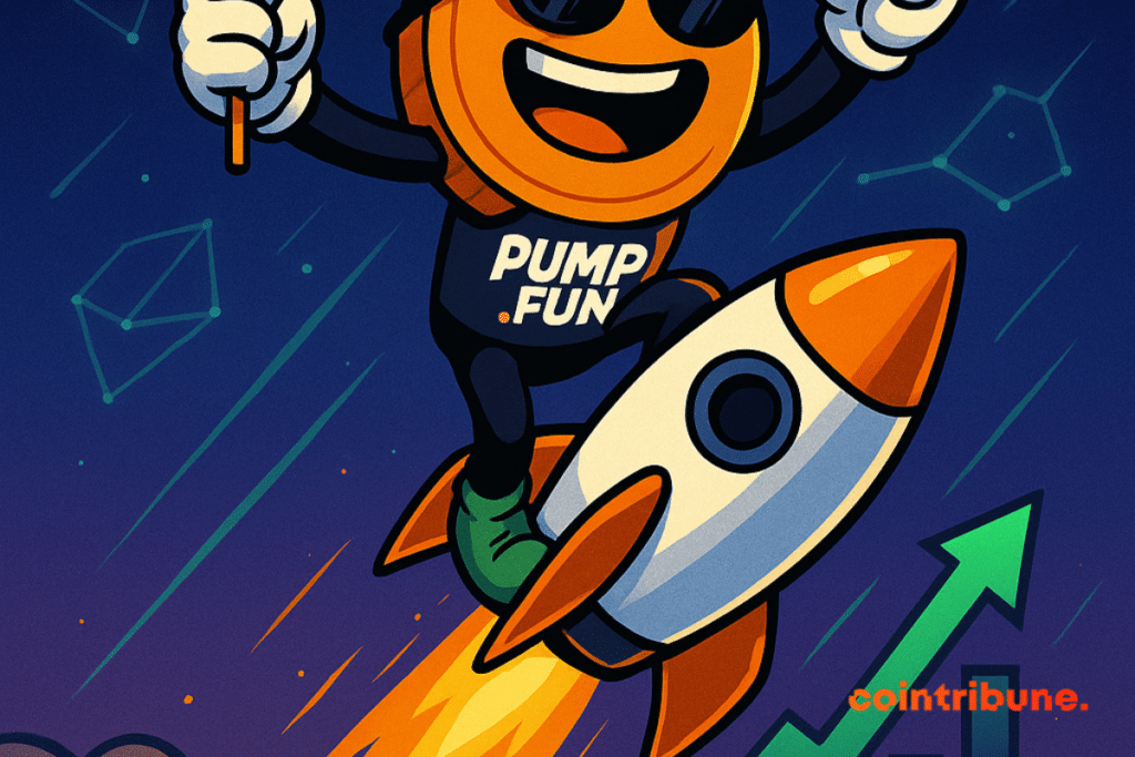 Pump mascot. Fun euphoric rides a rocket, going beyond the same surprised in a sky constelled with shiny crypto logos.